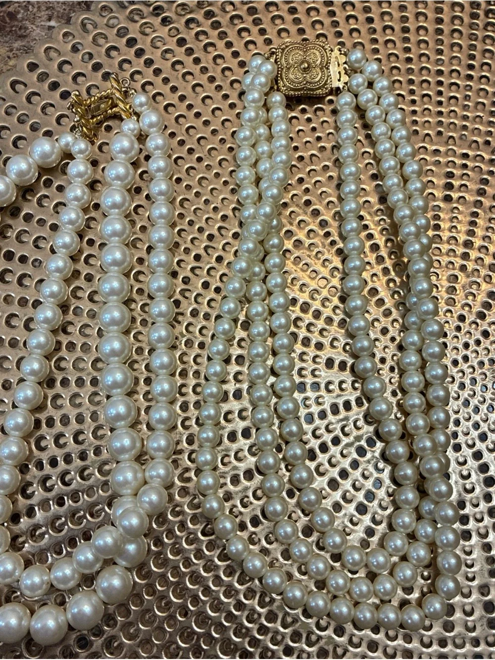 VINTAGE lot Of 2  Faux Pearl Necklace Doble & Triple Strand White Beads Goldtone